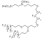1-(5,5,8,8,8-Pentamethoxy-5,8-disilaoctyloxy)-5-[3,4-bis(perfluorooctyl-3-propoxy)butoxy]-1H,1H,5H,5H-perfluoropentane 구조식, C42H50F40O9Si2