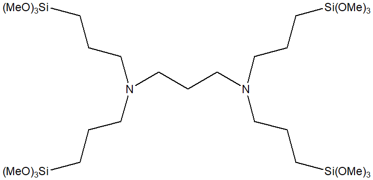 N,N,N′,N′-Tetrakis(3-trimethoxysilylpropyl)propylenediamine, tech-90 구조식, CAS 1992023-91-2, C27H66N2O12Si4